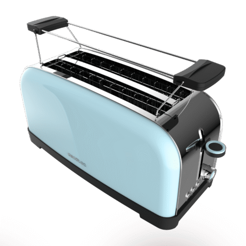 Imagen 2 Tostador vertical azul de acero con 1500 W y doble ranura larga. Incluye soporte para panecillos, función de descongelar y 7 niveles de tostado para resultados óptimos.