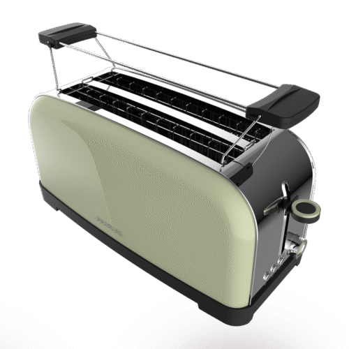 Imagen 2 Tostador vertical verde de acero inoxidable con 1500 W y doble ranura larga. Incluye soporte para panecillos, bandeja recogemigas y 7 niveles de tostado.