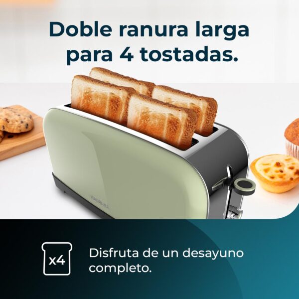 Imagen 4 Tostador vertical verde de acero inoxidable con 1500 W y doble ranura larga. Incluye soporte para panecillos, bandeja recogemigas y 7 niveles de tostado.