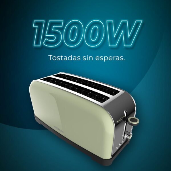 Imagen 5 Tostador vertical verde de acero inoxidable con 1500 W y doble ranura larga. Incluye soporte para panecillos, bandeja recogemigas y 7 niveles de tostado.