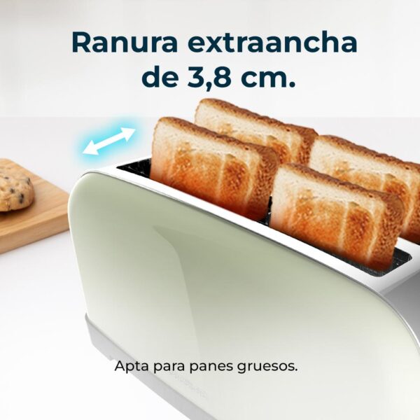 Imagen 6 Tostador vertical verde de acero inoxidable con 1500 W y doble ranura larga. Incluye soporte para panecillos, bandeja recogemigas y 7 niveles de tostado.