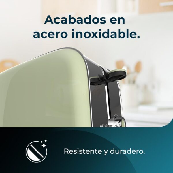 Imagen 7 Tostador vertical verde de acero inoxidable con 1500 W y doble ranura larga. Incluye soporte para panecillos, bandeja recogemigas y 7 niveles de tostado.