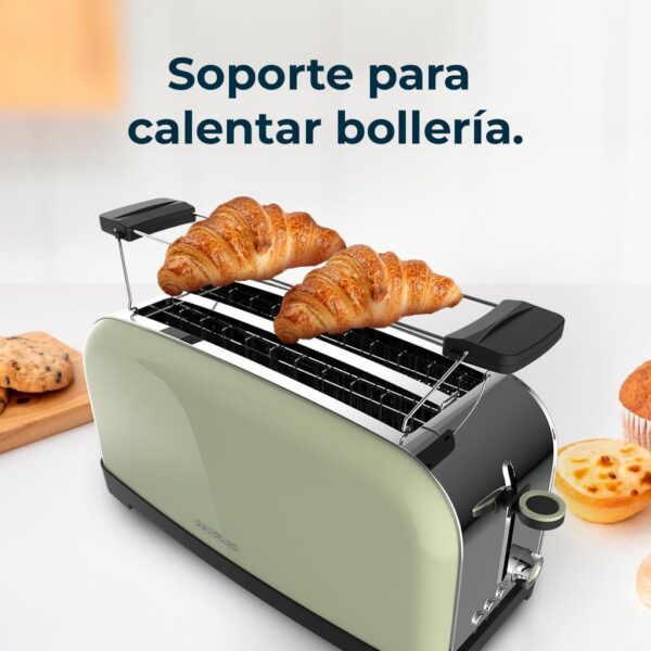 Imagen 8 Tostador vertical verde de acero inoxidable con 1500 W y doble ranura larga. Incluye soporte para panecillos, bandeja recogemigas y 7 niveles de tostado.