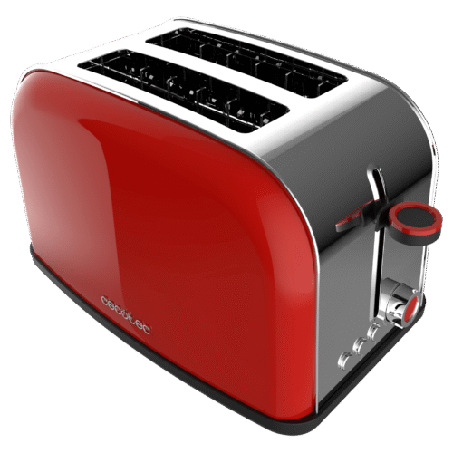 4838-Imagen-2 Imagen 2 Tostador rojo de 850 W con doble ranura corta y acabado en acero. Incluye 3 funciones, 5 niveles de potencia y bandeja recogemigas para un tostado uniforme.