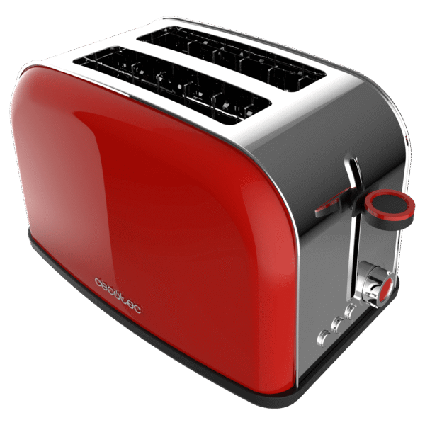 Imagen 2 Tostador rojo de 850 W con doble ranura corta y acabado en acero. Incluye 3 funciones, 5 niveles de potencia y bandeja recogemigas para un tostado uniforme.