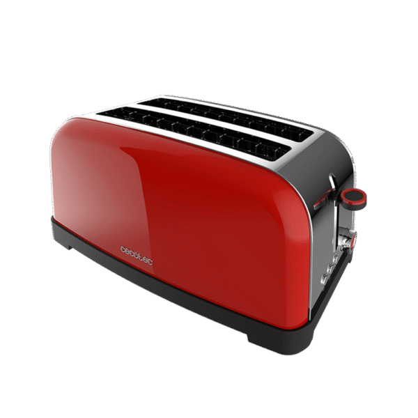 Imagen 2 Tostador vertical rojo de 1500 W con doble ranura larga para todo tipo de pan. Diseño retro en acero inoxidable con funciones de descongelar y recalentar.