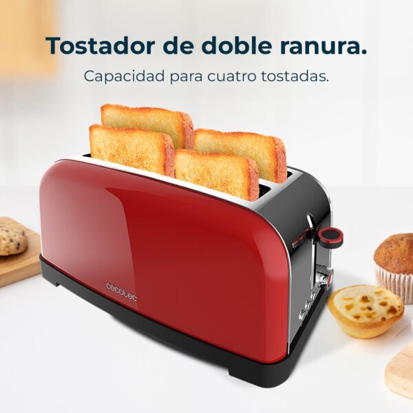 Imagen 4 Tostador vertical rojo de 1500 W con doble ranura larga para todo tipo de pan. Diseño retro en acero inoxidable con funciones de descongelar y recalentar.