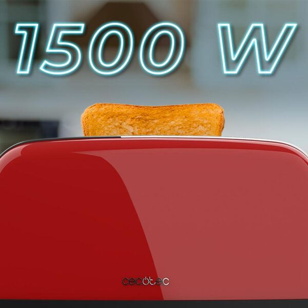 Imagen 5 Tostador vertical rojo de 1500 W con doble ranura larga para todo tipo de pan. Diseño retro en acero inoxidable con funciones de descongelar y recalentar.