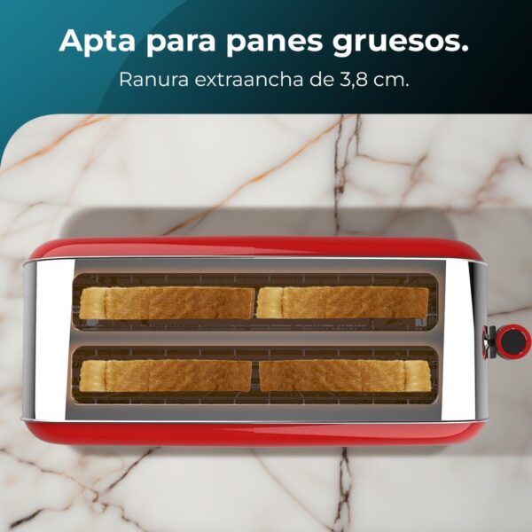 Imagen 6 Tostador vertical rojo de 1500 W con doble ranura larga para todo tipo de pan. Diseño retro en acero inoxidable con funciones de descongelar y recalentar.