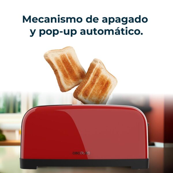 Imagen 7 Tostador vertical rojo de 1500 W con doble ranura larga para todo tipo de pan. Diseño retro en acero inoxidable con funciones de descongelar y recalentar.