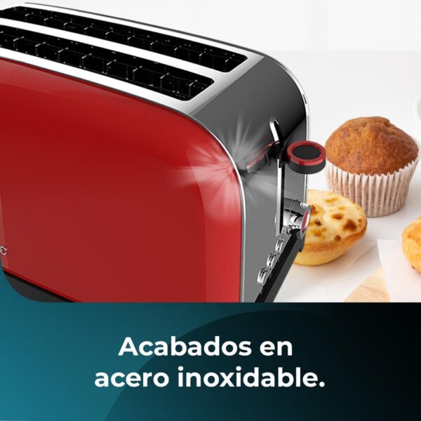 Imagen 8 Tostador vertical rojo de 1500 W con doble ranura larga para todo tipo de pan. Diseño retro en acero inoxidable con funciones de descongelar y recalentar.