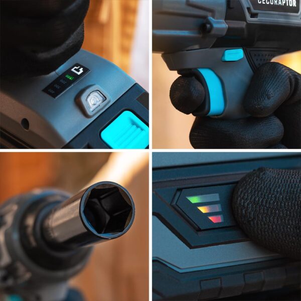 Imagen 8 Llave de impacto CecoRaptor Perfect Impact 4020 Ultra con 400 Nm de torque, batería 20V 4000mAh y 2300 rpm. Ideal para trabajos de alta potencia y precisión.