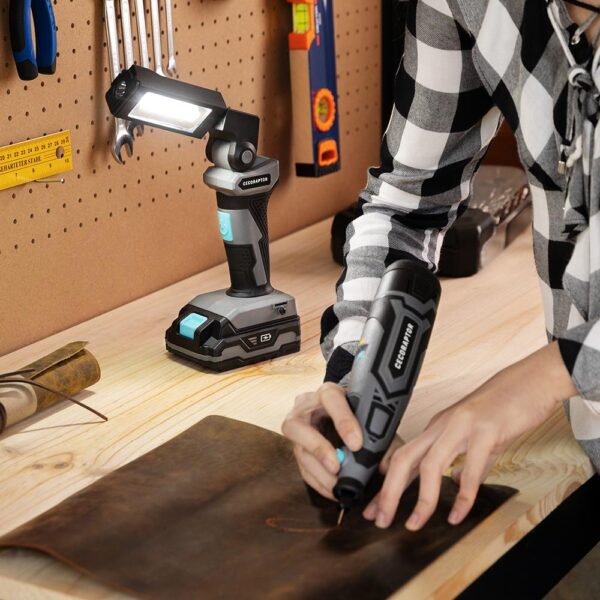 Imagen 4 Luz de trabajo inalámbrica CecoRaptor Perfect WorkLight 2020 Advance de 20V y 2000 mAh. Doble foco LED de 300lm y 250lm para proyectos profesionales.