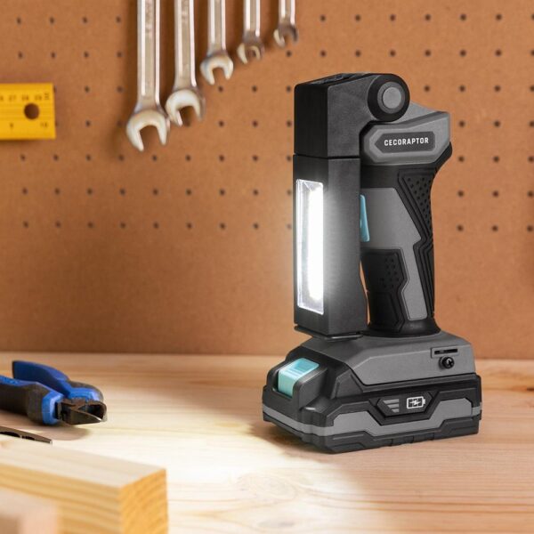 Imagen 5 Luz de trabajo inalámbrica CecoRaptor Perfect WorkLight 2020 Advance de 20V y 2000 mAh. Doble foco LED de 300lm y 250lm para proyectos profesionales.