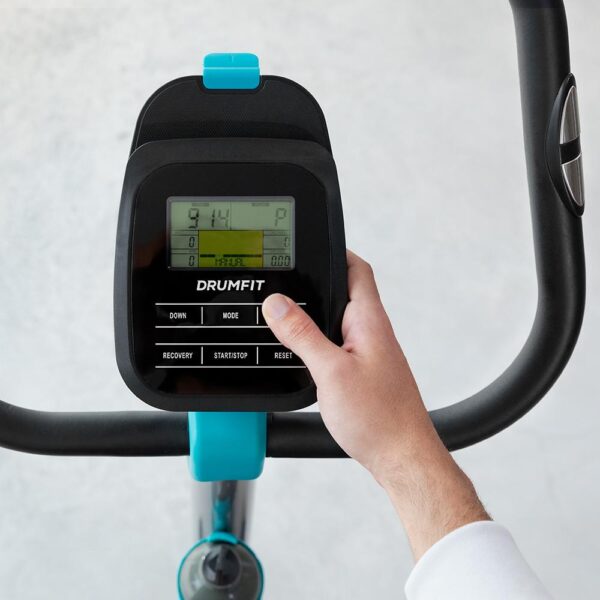 Imagen 6 Bicicleta estática DrumFit Cycle 9000 Talos Pro con resistencia magnética motorizada, pulsómetro, sillín regulable y soporte. Ideal para entrenar en casa.