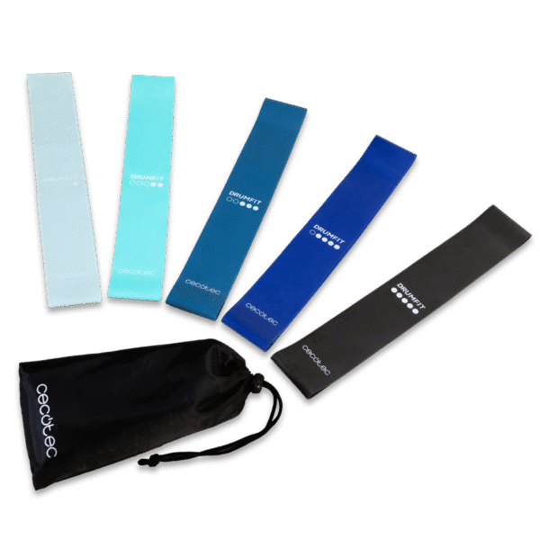 Imagen 2 Set de 5 bandas elásticas Cecotec DrumFit Resistance Band Set. Fabricadas en látex, con distintos niveles de resistencia y bolsa de transporte incluida.