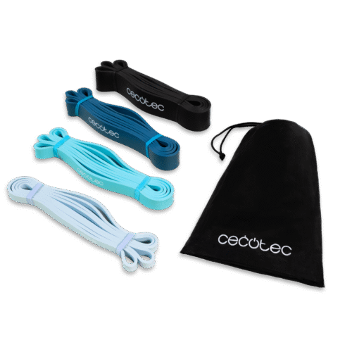 Imagen 2 Set de 4 bandas elásticas DrumFit Power Band Set de Cecotec. Fabricadas en látex resistente, ofrecen niveles de tensión desde 15 kg hasta 60 kg con bolsa.