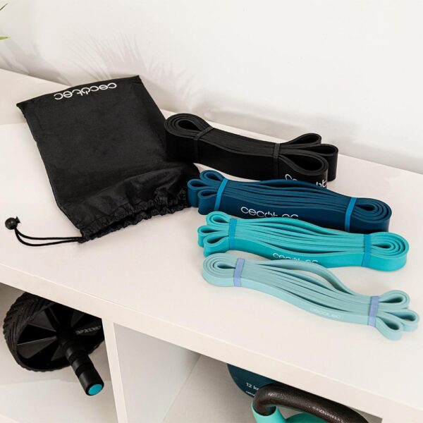 7126-Imagen-3 Imagen 3 Set de 4 bandas elásticas DrumFit Power Band Set de Cecotec. Fabricadas en látex resistente, ofrecen niveles de tensión desde 15 kg hasta 60 kg con bolsa.