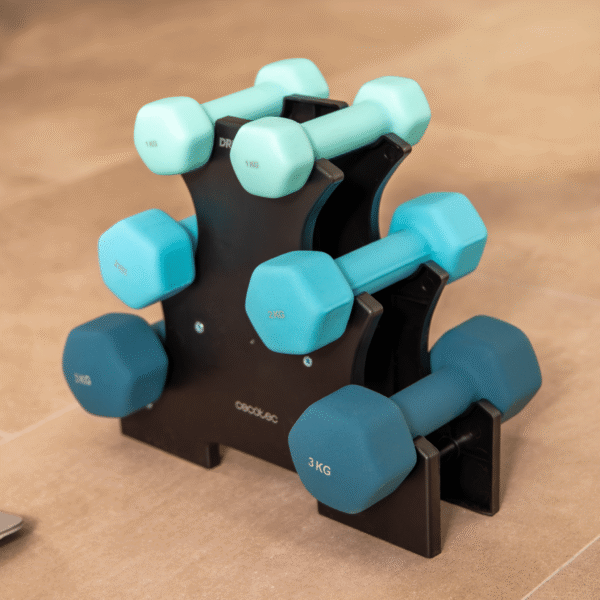 Imagen 4 Set de 6 mancuernas hexagonales DrumFit de 1, 2 y 3 Kg con recubrimiento de neopreno antideslizante. Incluye soporte para un almacenamiento eficiente.