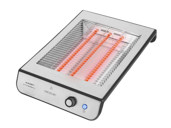 Imagen 2 Tostador plano horizontal de 900 W con acabados en acero inoxidable. Cuenta con 3 resistencias de cuarzo, 6 niveles y bandeja recogemigas para un uso eficiente.