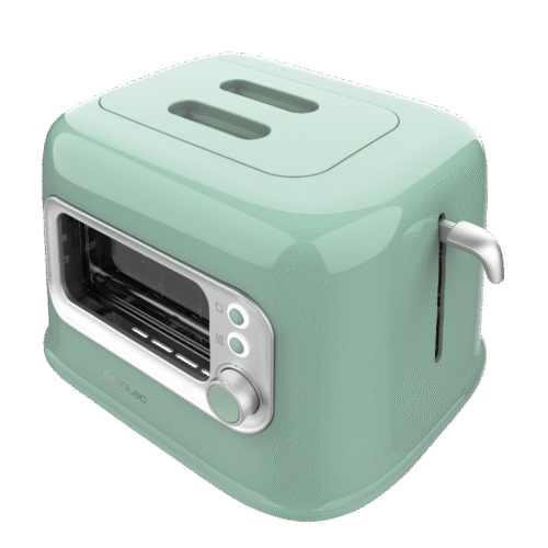 Imagen 2 Tostadora vertical retro verde con ventana de cristal y 700 W. Dispone de 2 ranuras anchas, 5 niveles de tostado y cubierta antipolvo para máxima higiene.