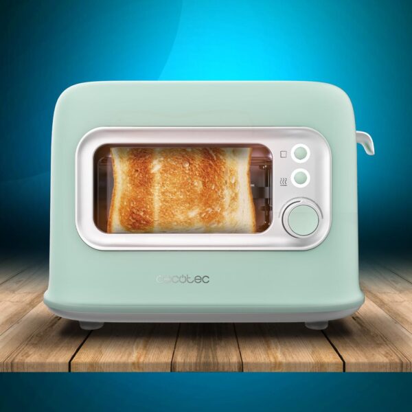 Imagen 6 Tostadora vertical retro verde con ventana de cristal y 700 W. Dispone de 2 ranuras anchas, 5 niveles de tostado y cubierta antipolvo para máxima higiene.