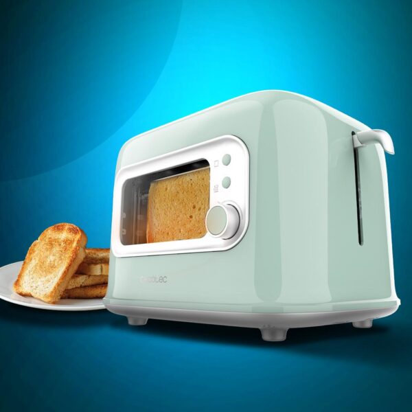Imagen 7 Tostadora vertical retro verde con ventana de cristal y 700 W. Dispone de 2 ranuras anchas, 5 niveles de tostado y cubierta antipolvo para máxima higiene.