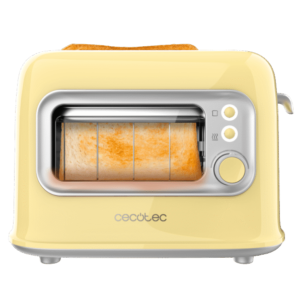 Imagen 3 Tostadora Cecotec RetroVision Yellow de 700 W con ventana de cristal. Diseño retro, 5 niveles de potencia y ranuras anchas para dos tostadas.