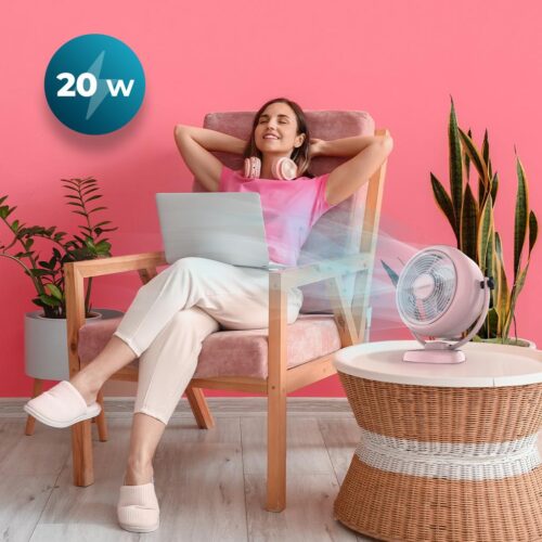 8207-Imagen-2 Imagen 2 Ventilador de sobremesa rosa estilo retro EnergySilence. 20 W, 2 velocidades, 4 aspas y diseño vintage. Máximo silencio y confort con inclinación ajustable.