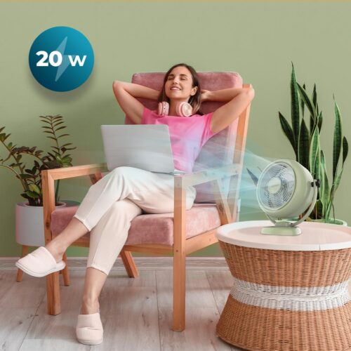 8209-Imagen-2 Imagen 2 Ventilador de sobremesa retro verde de 20 W y 8 pulgadas. Tecnología EnergySilence para un flujo de aire profundo y silencioso con 2 velocidades ajustables.