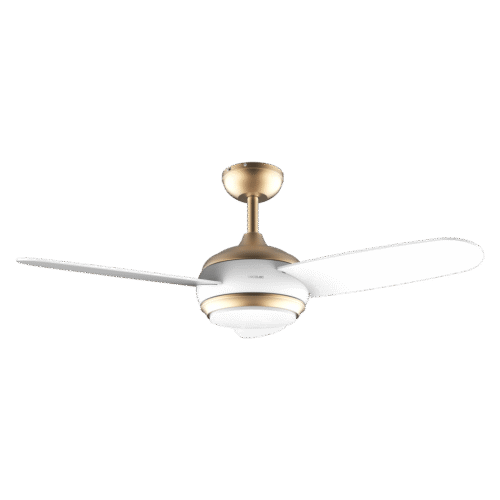 8480-Imagen-2 Imagen 2 Ventilador de techo de 42 pulgadas con luz LED y diseño blanco y dorado. Motor de 65 W, 3 velocidades, mando a distancia y temporizador programable integrado.
