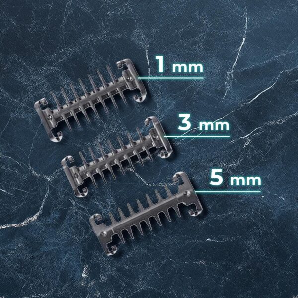 Imagen 5 Rasuradora facial PrecisionCare OneShave Screen con cuchillas de acero inoxidable, 90 min de autonomía, resistencia IPX7 y 3 peines guía de 1, 3 y 5 mm.