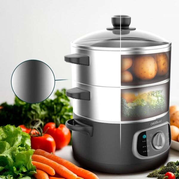 Imagen 4 Vaporera eléctrica Vapovita SteelPot de 1300 W y 10 L. Cocina saludable con 3 recipientes de acero inoxidable, temporizador y accesorios incluidos.