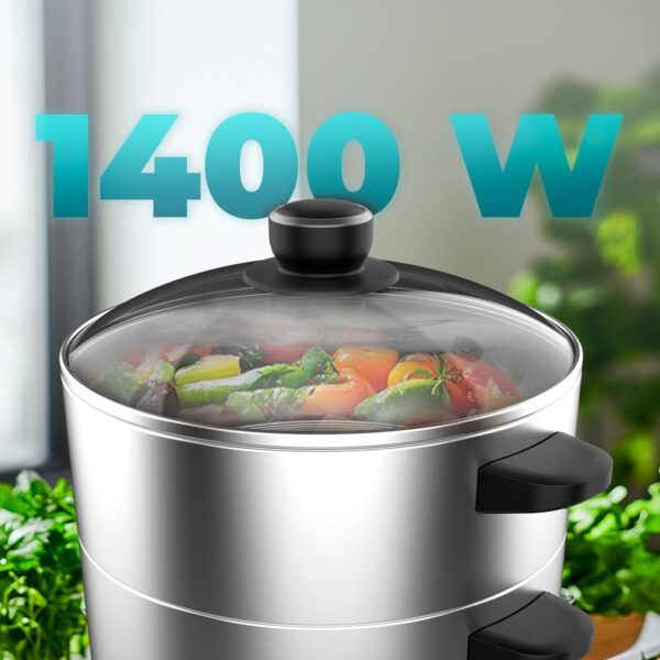 Imagen 5 Vaporera eléctrica Vapovita SteelPot de 1300 W y 10 L. Cocina saludable con 3 recipientes de acero inoxidable, temporizador y accesorios incluidos.