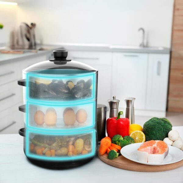 Imagen 6 Vaporera eléctrica Vapovita SteelPot de 1300 W y 10 L. Cocina saludable con 3 recipientes de acero inoxidable, temporizador y accesorios incluidos.