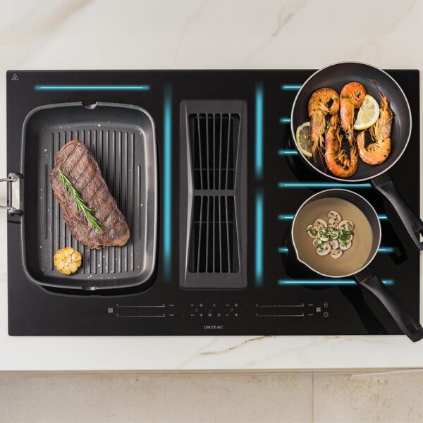 Imagen 6 Placa de inducción Cecotec Bolero Squad IH 4800 FullFlex80 con campana integrada, 7400W, succión de 630 m³/h y 2 zonas FullFlex para una cocina moderna y eficiente.