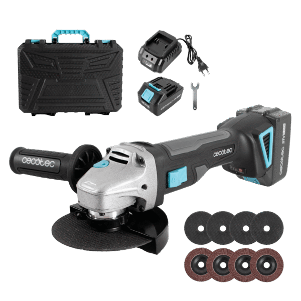 Amoladora angular a batería RadialPower 2120 Freemove de CECOTEC de 21V con maletín de transporte y 8 discos de 125mm