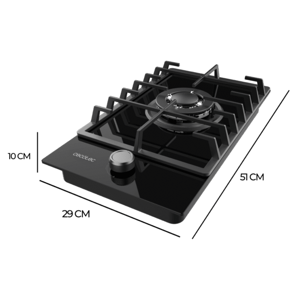 Imagen 4 Placa de gas de cristal templado con quemador de triple llama de 3,8 kW, parrilla de hierro fundido y sistema de seguridad termopar para máxima precisión.