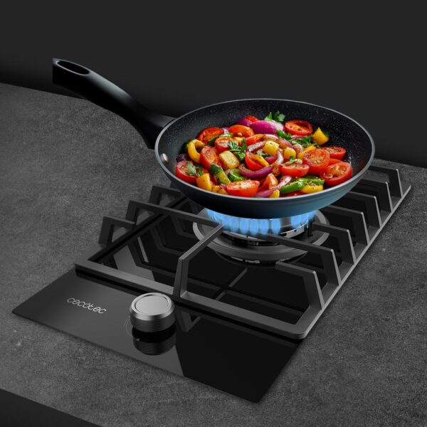 Imagen 7 Placa de gas de cristal templado con quemador de triple llama de 3,8 kW, parrilla de hierro fundido y sistema de seguridad termopar para máxima precisión.