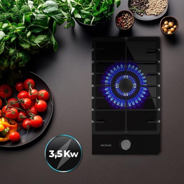 Imagen 8 Placa de gas de cristal templado con quemador de triple llama de 3,8 kW, parrilla de hierro fundido y sistema de seguridad termopar para máxima precisión.