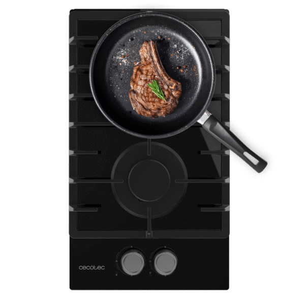 Placa de gas Cecotec Bolero Squad G 2200F Glass Black de 2 fuegos con superficie de cristal templado y parrillas de hierro fundido