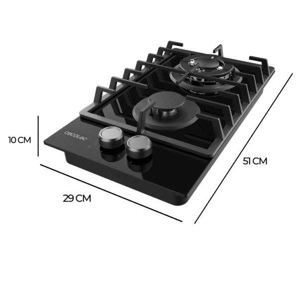 Imagen 4 Placa de gas de cristal templado negro con 2 quemadores, parrillas de hierro fundido y sistema de seguridad termopar. Eficiencia y diseño para tu cocina.