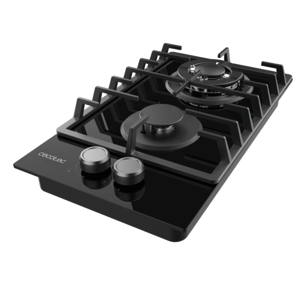 Imagen 5 Placa de gas de cristal templado negro con 2 quemadores, parrillas de hierro fundido y sistema de seguridad termopar. Eficiencia y diseño para tu cocina.