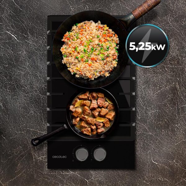 Imagen 7 Placa de gas de cristal templado negro con 2 quemadores, parrillas de hierro fundido y sistema de seguridad termopar. Eficiencia y diseño para tu cocina.