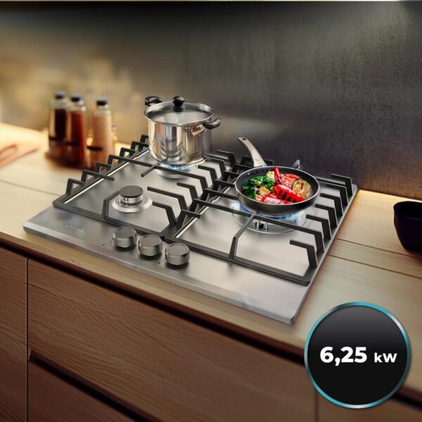 Imagen 8 Placa de gas Bolero Squad G 3200F Inox con 2 fuegos, superficie de acero inoxidable, encendido integrado y sistema de seguridad termopar automático.