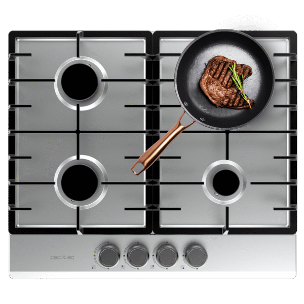 A01_EU01_100193 Placa de gas Cecotec Bolero Squad G 2200F Glass Black de 2 fuegos con superficie de cristal templado y parrillas de hierro fundido