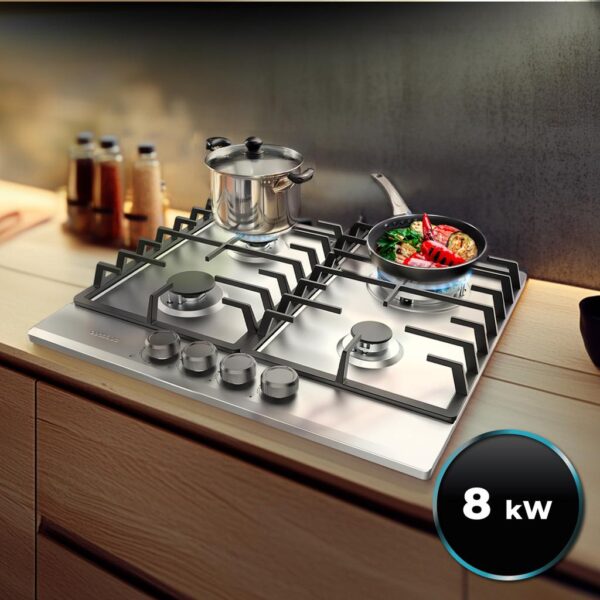 A01_EU01_100193-Imagen-7 Imagen 7 Placa de gas Bolero Squad G 4200F Inox con 4 fuegos, parrillas de hierro fundido y seguridad FlameOut. Potencia y diseño profesional para tu cocina.