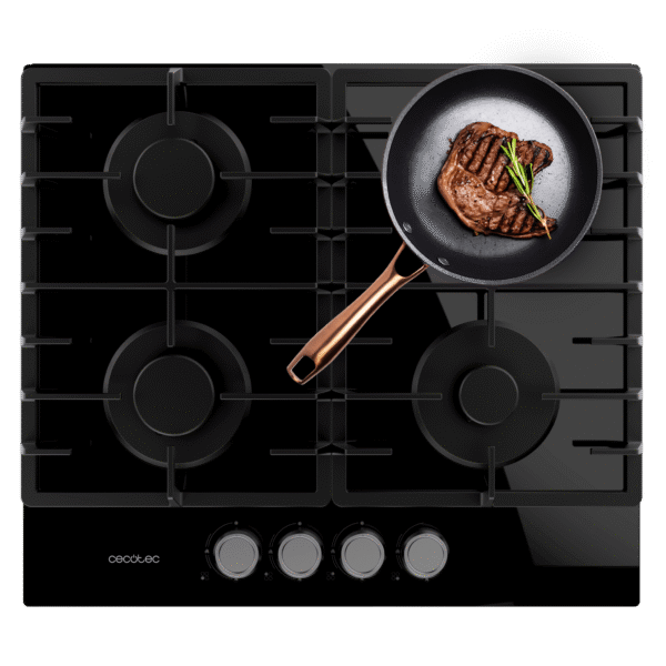 A01_EU01_100195 Placa de gas Cecotec Bolero Squad G 2200F Glass Black de 2 fuegos con superficie de cristal templado y parrillas de hierro fundido