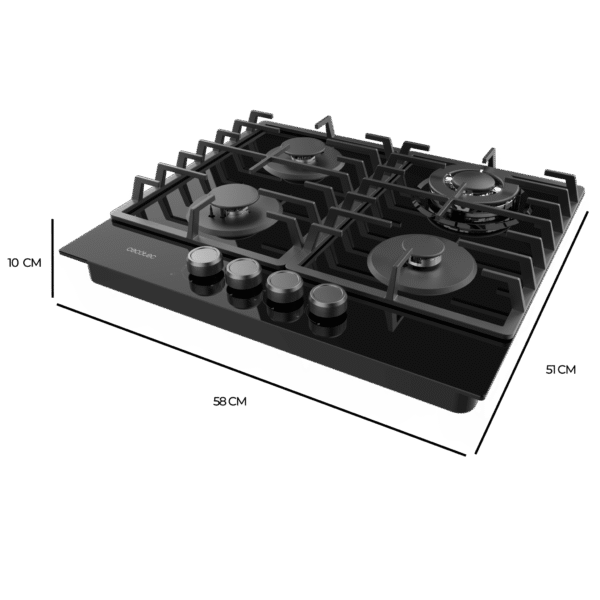 A01_EU01_100195-Imagen-4 Imagen 4 Placa de gas Bolero Squad G 4200F Glass Black con 4 quemadores, superficie de cristal templado de alta resistencia y sistema de seguridad FlameGuard integrado.