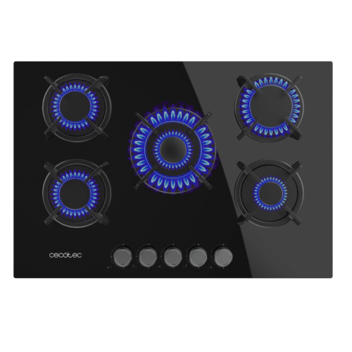 Imagen 2 Placa de gas de cristal templado negro con 5 quemadores Sabaf, parrillas de hierro fundido y autoencendido. Potencia y diseño profesional para tu cocina.